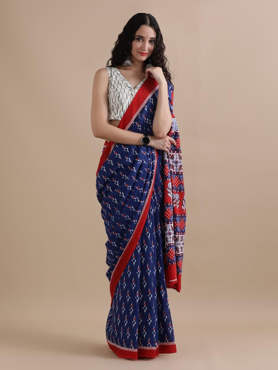 Cotton mulmul handblock printed saree wholesale in red blue floral design